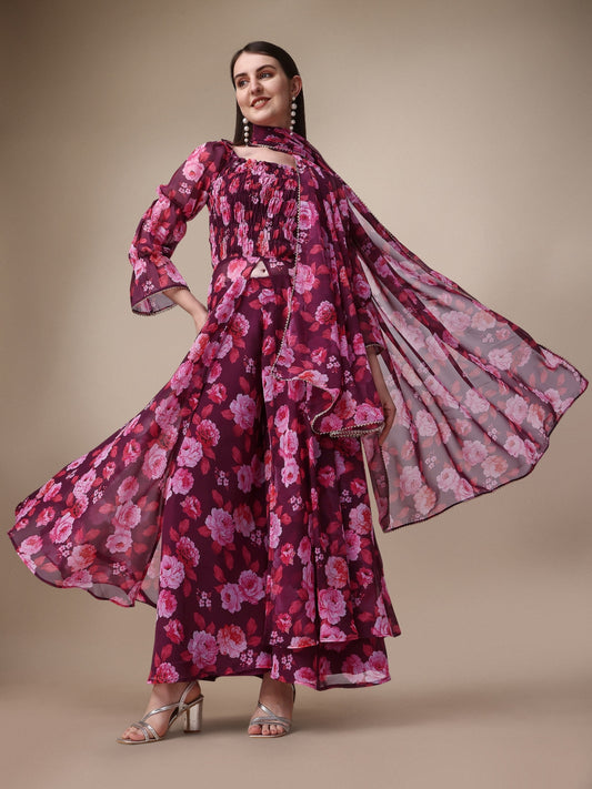 Purple Georgette Floral Printed Kurta With Palazzos & Dupatta Kurta Set 