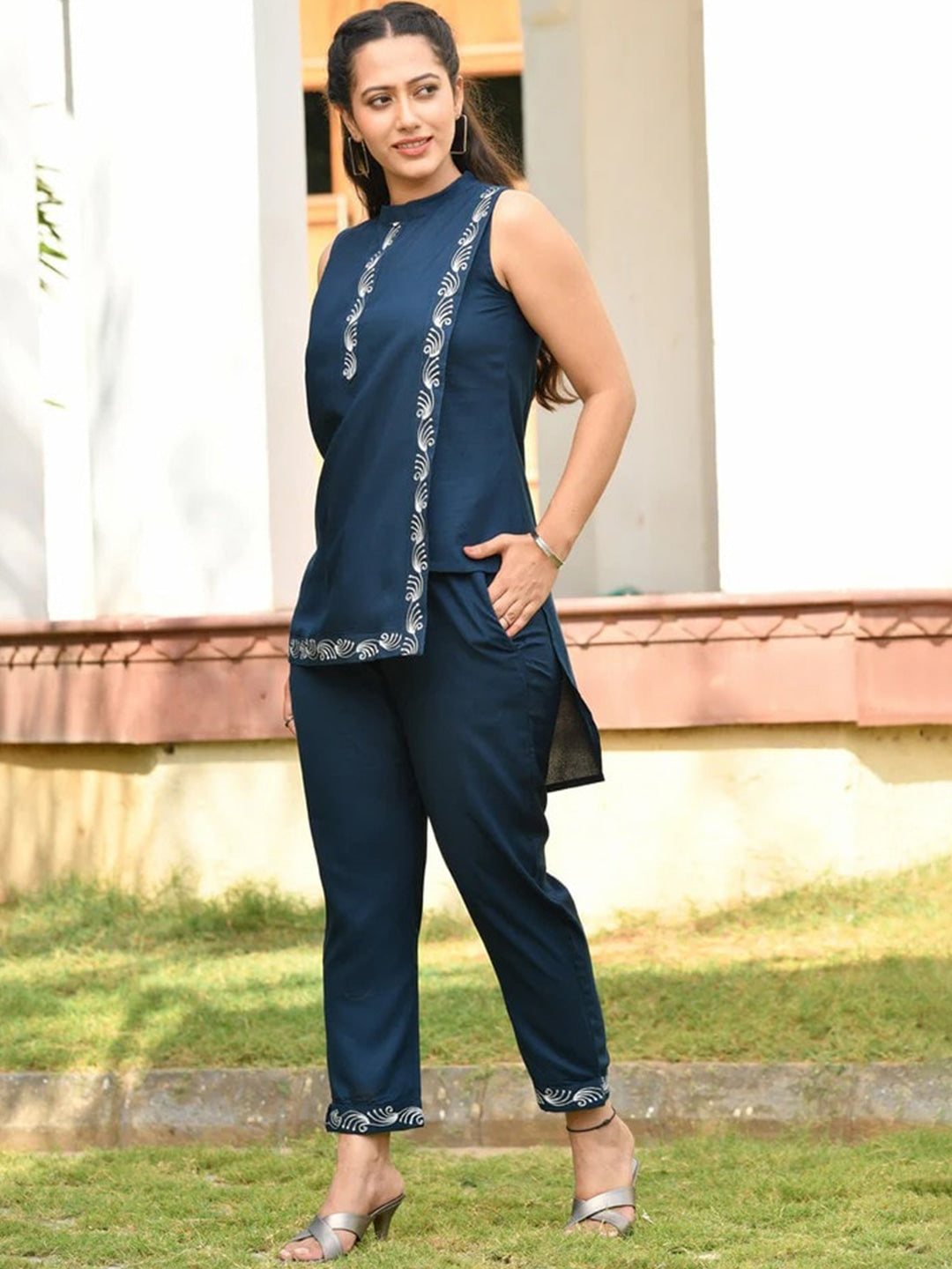 Navy blue  Ethnic Motif Embroidered Band Collar Top & Trouser 