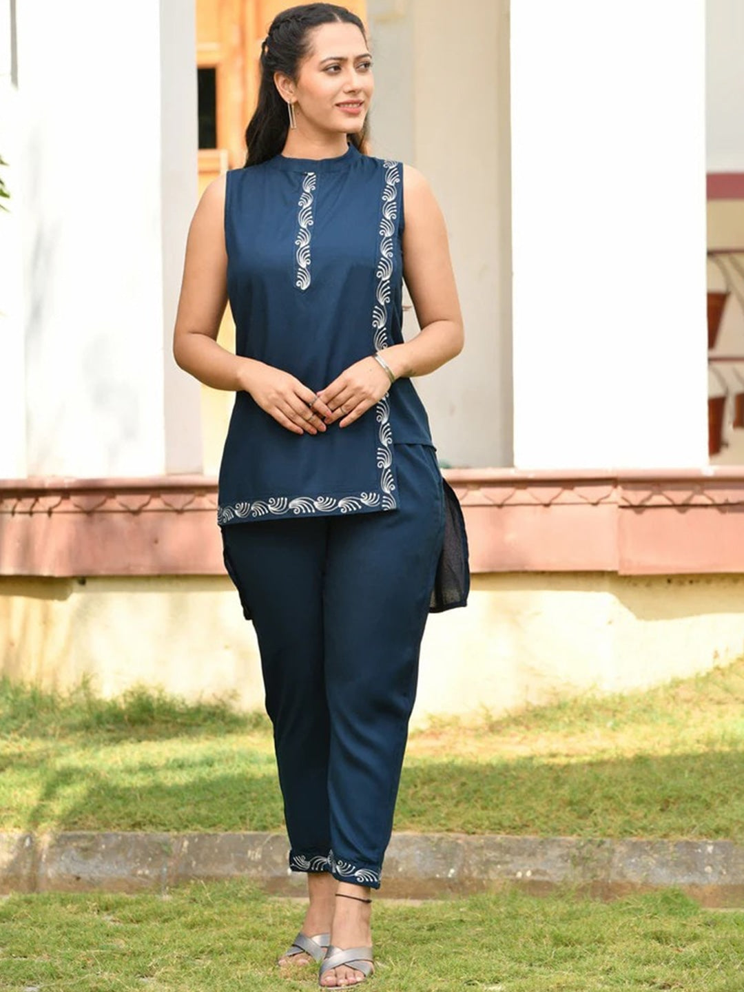 Navy blue  Ethnic Motif Embroidered Band Collar Top & Trouser 