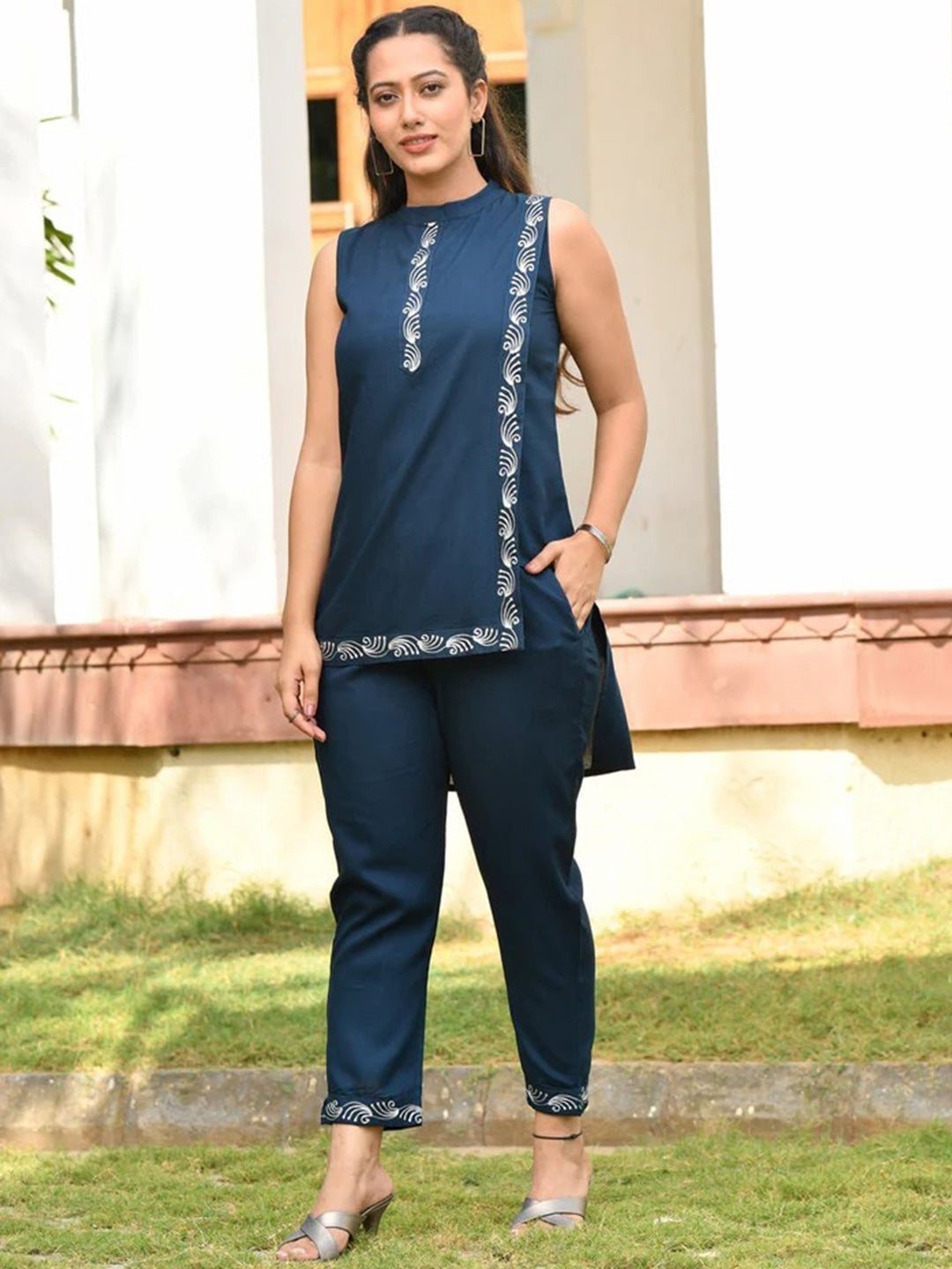 Navy blue  Ethnic Motif Embroidered Band Collar Top & Trouser 