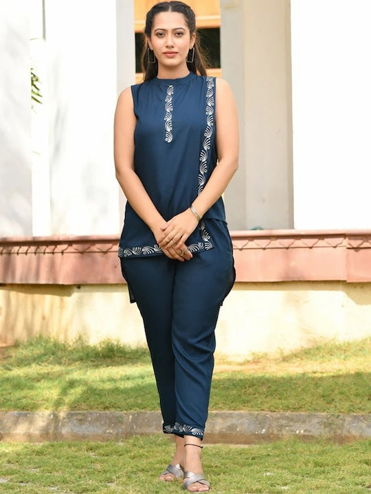 Navy blue  Ethnic Motif Embroidered Band Collar Top & Trouser 