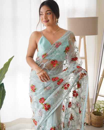 Light Blue Net Embroidery Saree for Women 