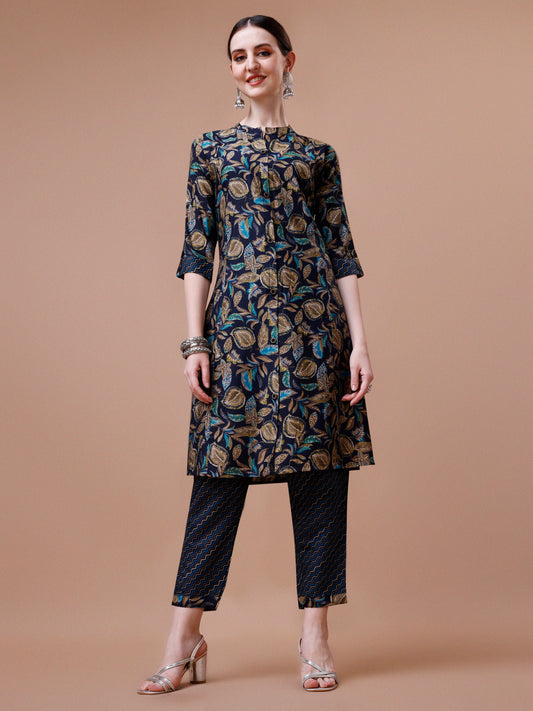 Blue Cotton Floral Printed Kurta Set for Women 