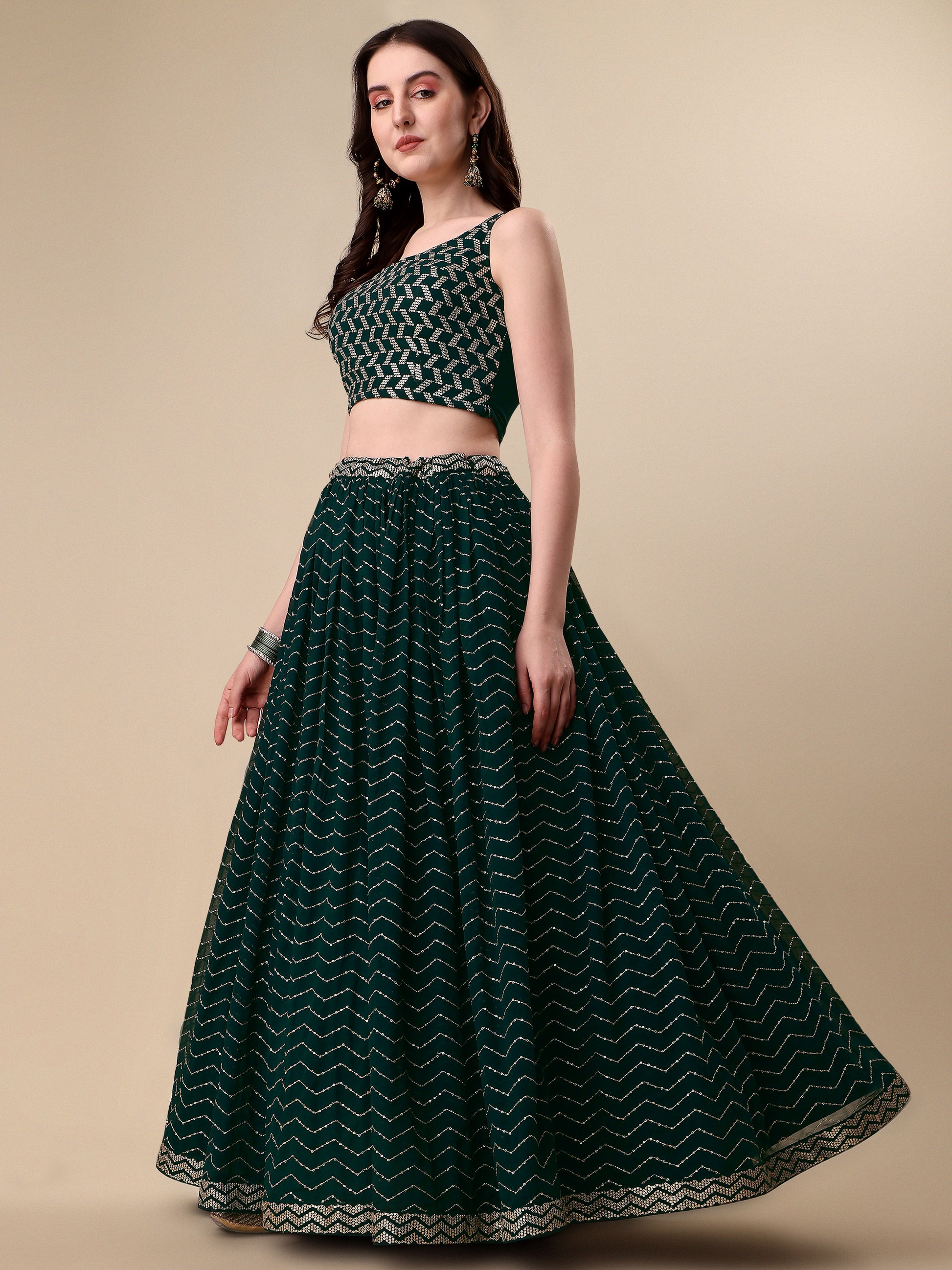 Green Georgette Embroidered Sequin Semi Stitched Lehenga Choli 