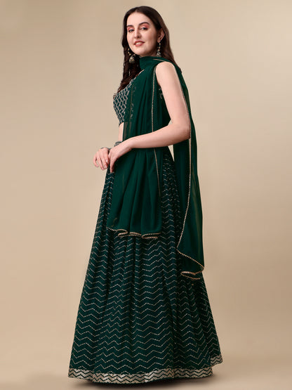 Green Georgette Embroidered Sequin Semi Stitched Lehenga Choli 