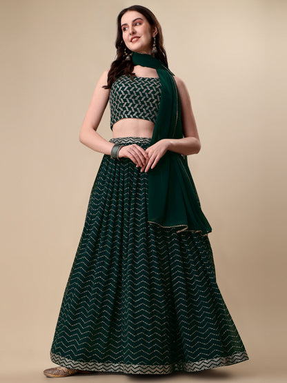 Green Georgette Embroidered Sequin Semi Stitched Lehenga Choli 