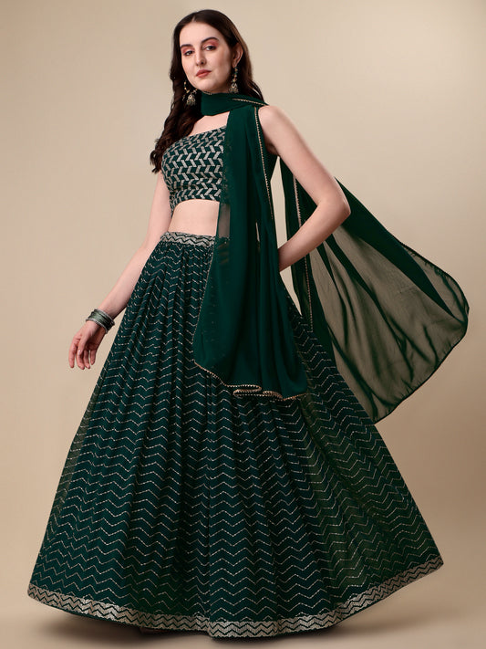 Green Georgette Embroidered Sequin Semi Stitched Lehenga Choli 