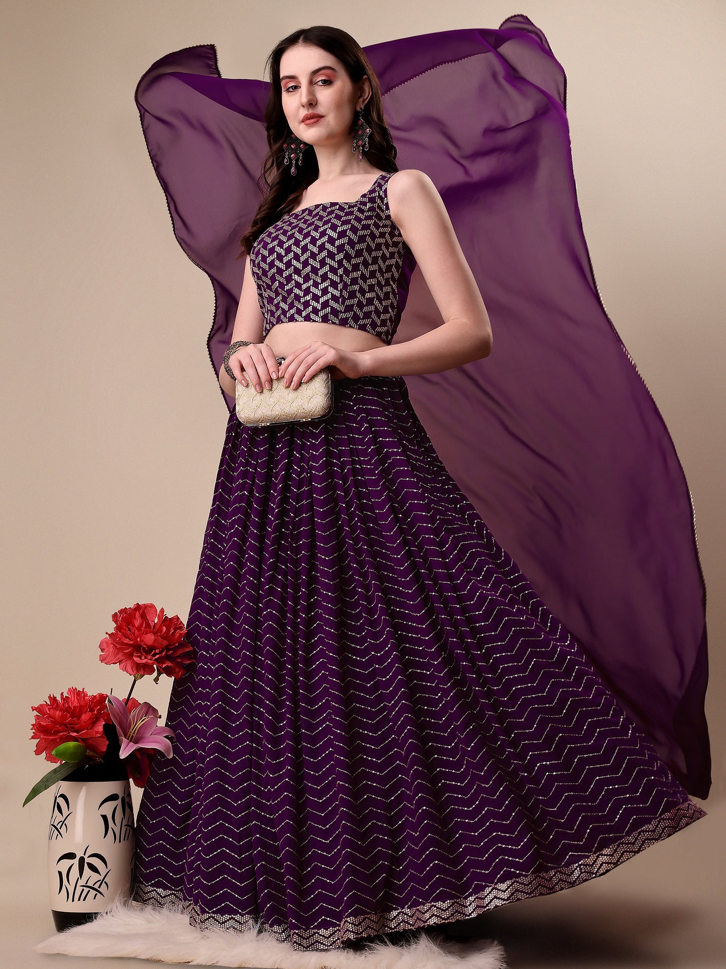 Purple Georgette Embroidered Sequin Semi Stitched Lehenga Choli 