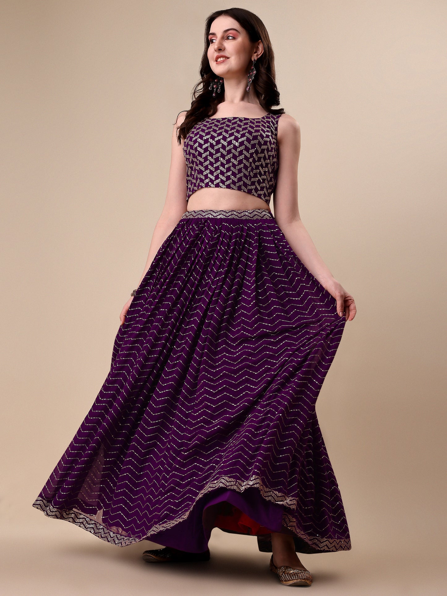 Purple Georgette Embroidered Sequin Semi Stitched Lehenga Choli 