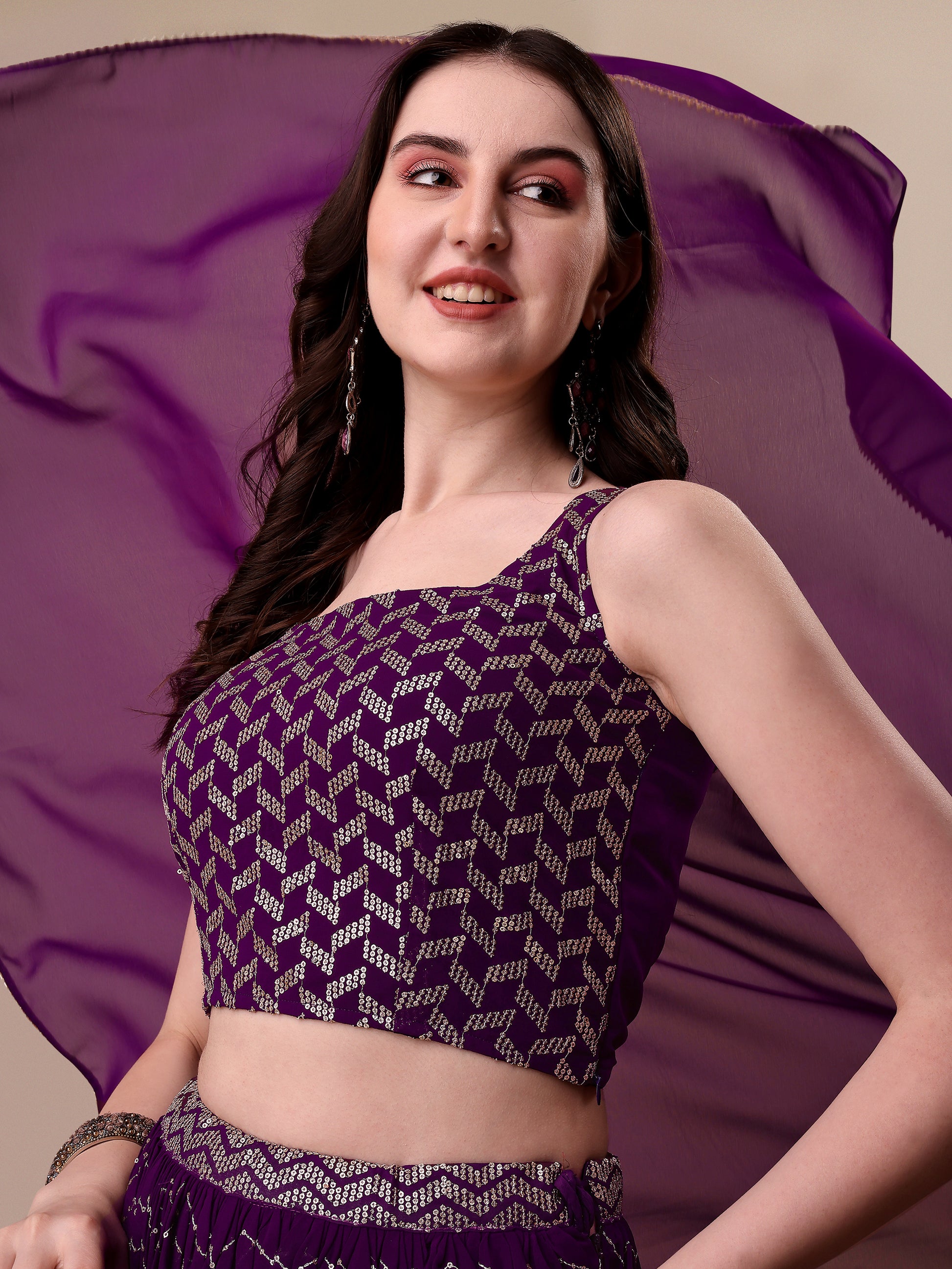 Purple Georgette Embroidered Sequin Semi Stitched Lehenga Choli 