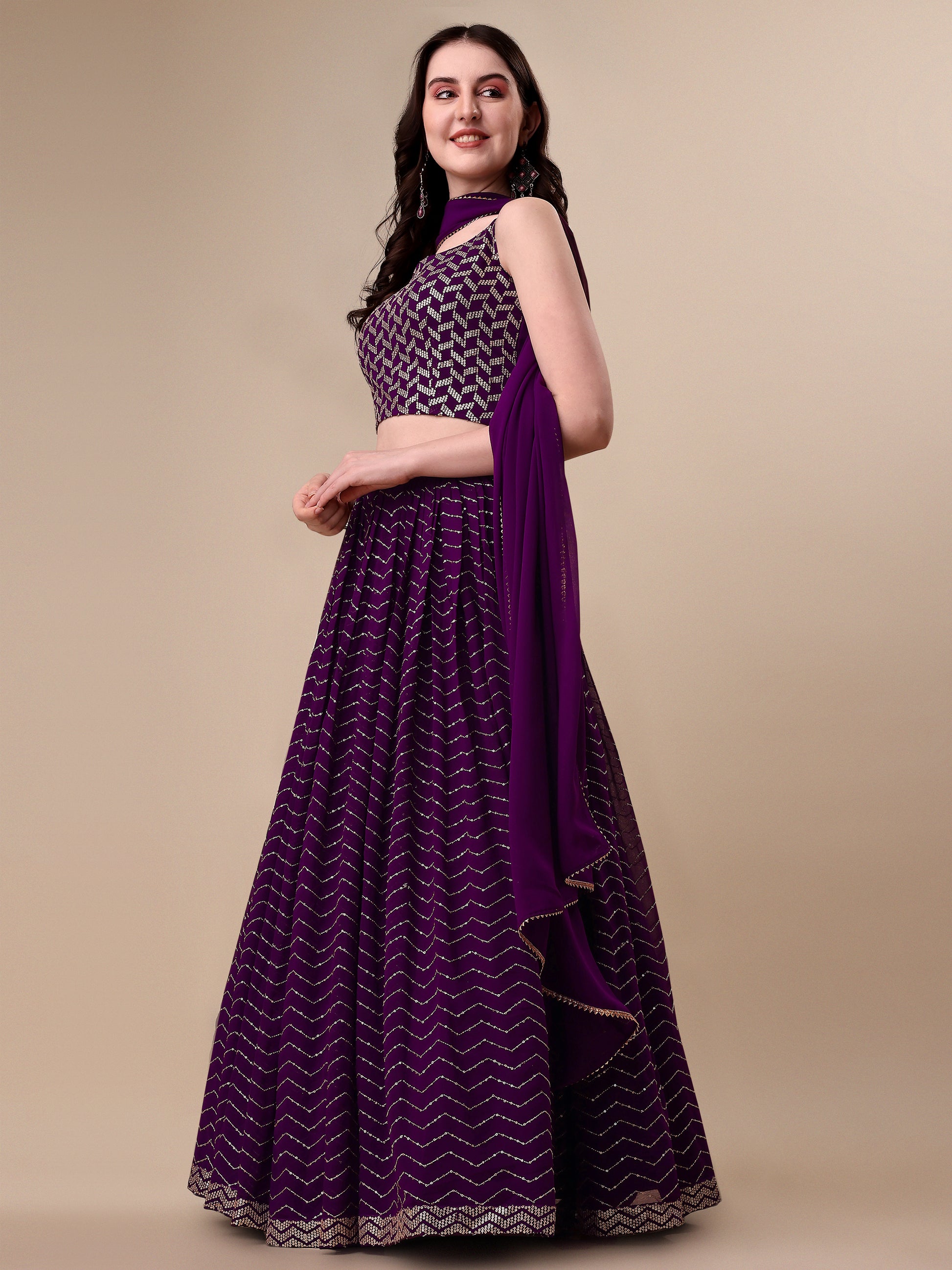 Purple Georgette Embroidered Sequin Semi Stitched Lehenga Choli 