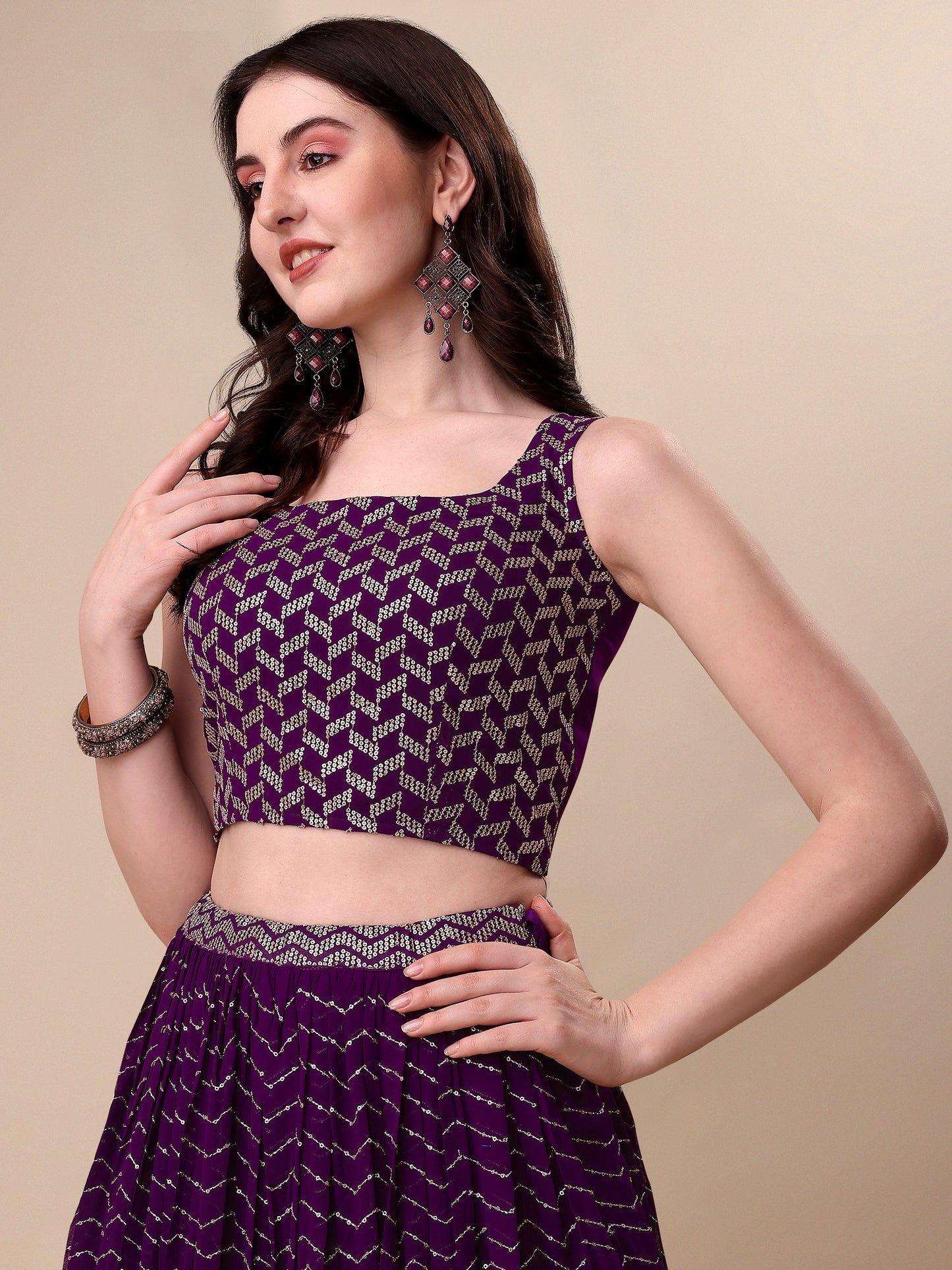 Purple Georgette Embroidered Sequin Semi Stitched Lehenga Choli 