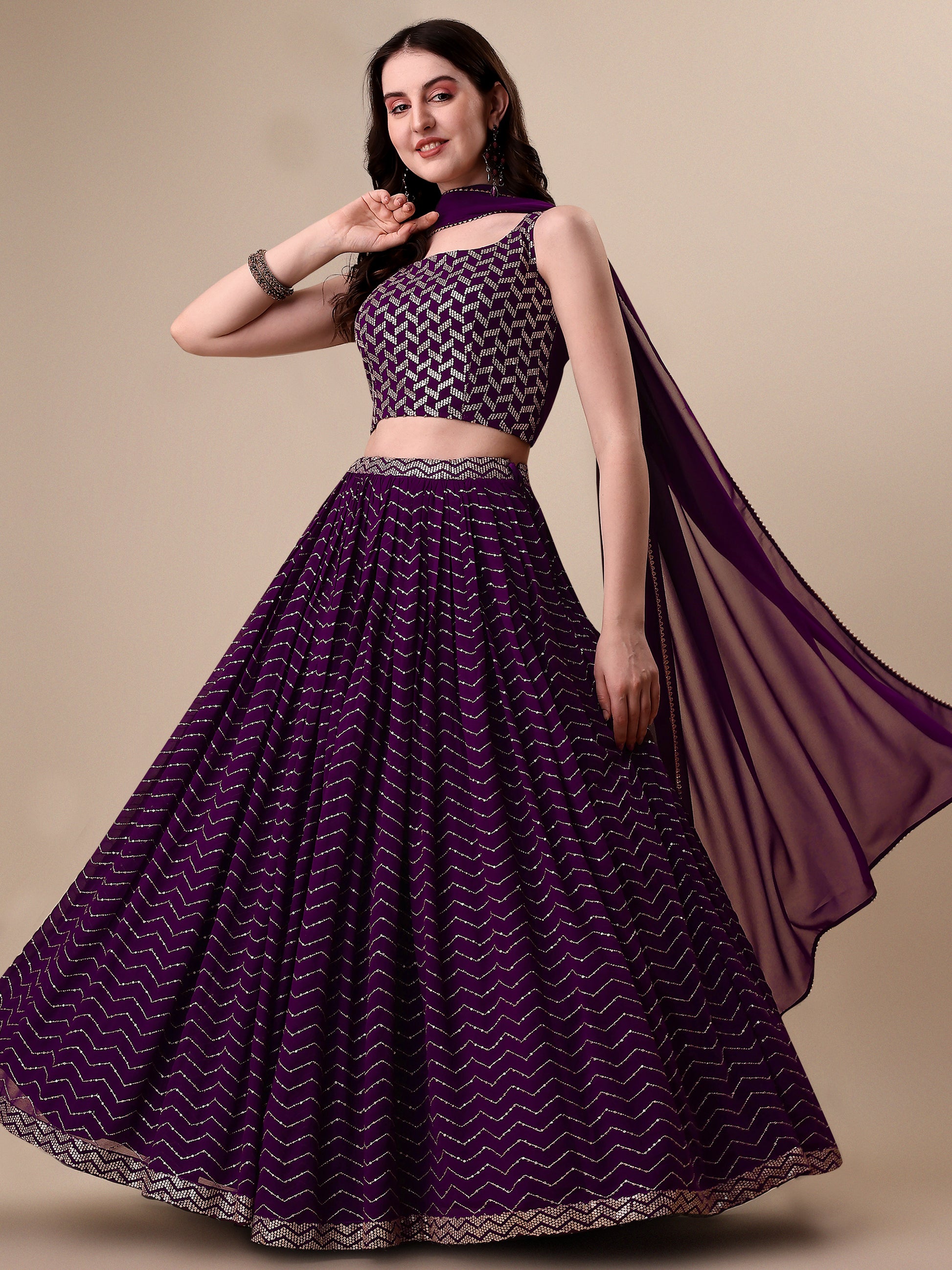 Purple Georgette Embroidered Sequin Semi Stitched Lehenga Choli 