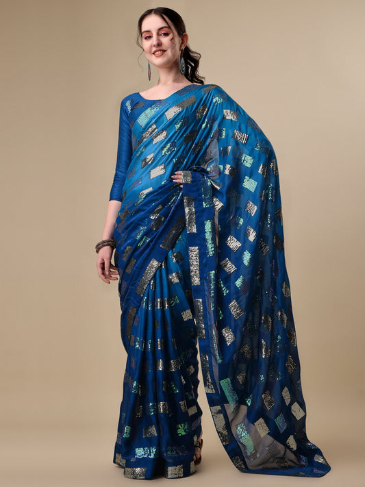 Blue Georgette Padding Embroidery Sequined Work Saree For Women 