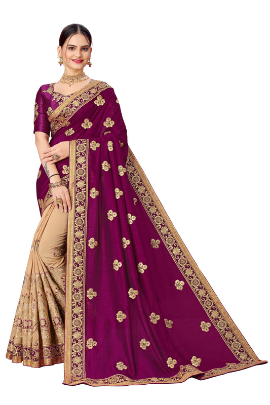 Purple Vichitra Silk Half & Half Embroidery Saree For Women 