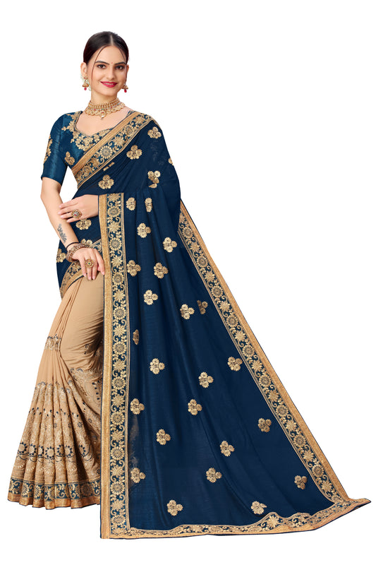 Rama Vichitra Silk Half & Half Embroidery Saree For Women 