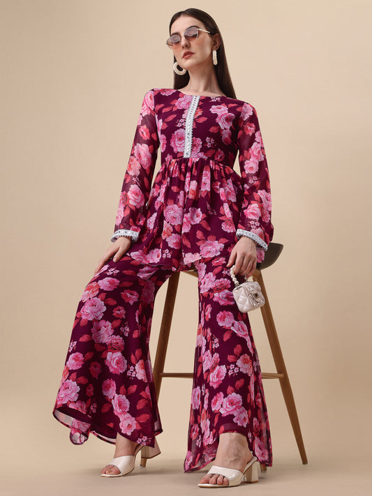 Purple Georgette Floral Printed Work Kurta with Sharara Set 