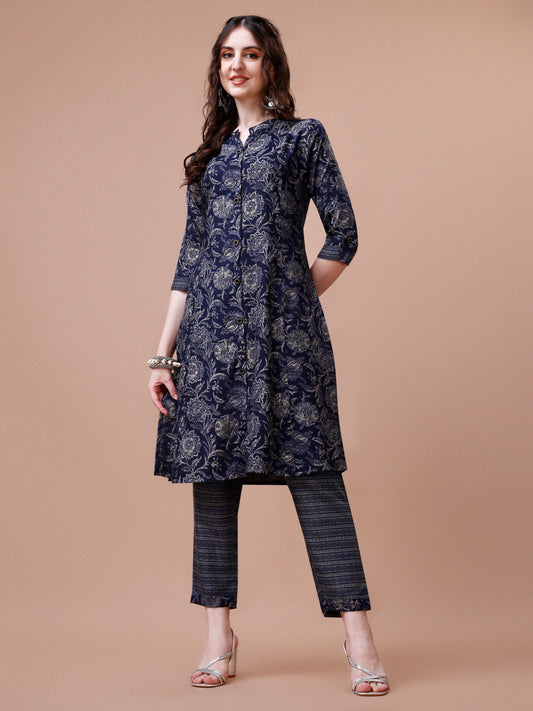 Blue Cotton Floral Printed Kurta Set for Women 