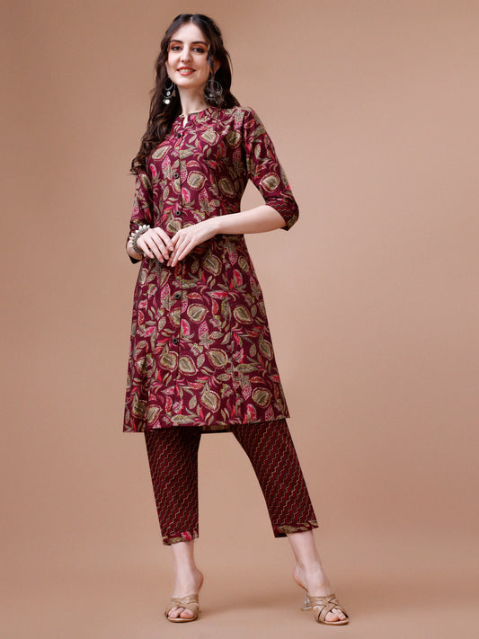 Maroon Cotton Floral Printed Kurta Set for Women 