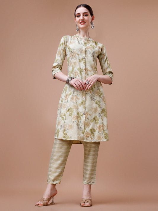 Olive Cotton Floral Printed Kurta Set for Women 