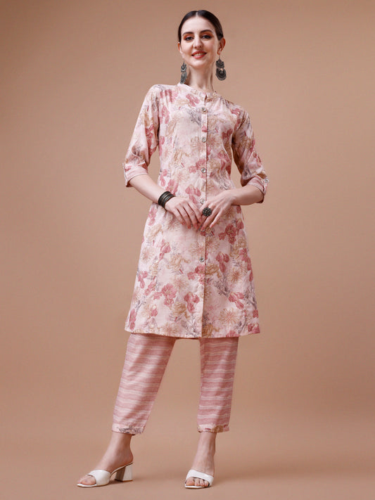 Peach Cotton Floral Printed Kurta Set for Women 