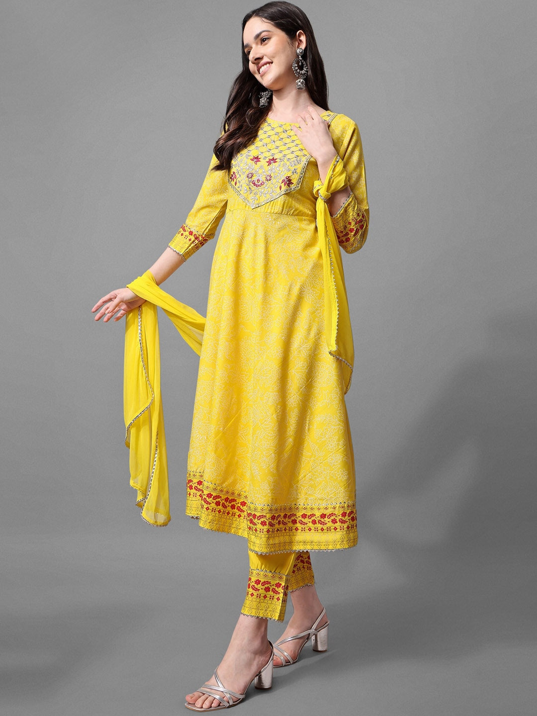 Yellow Round Neck Floral Embroidered Regular Patchwork Kurta & Trousers With Dupatta 