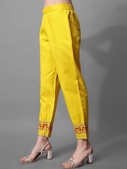 Yellow Round Neck Floral Embroidered Regular Patchwork Kurta & Trousers With Dupatta 