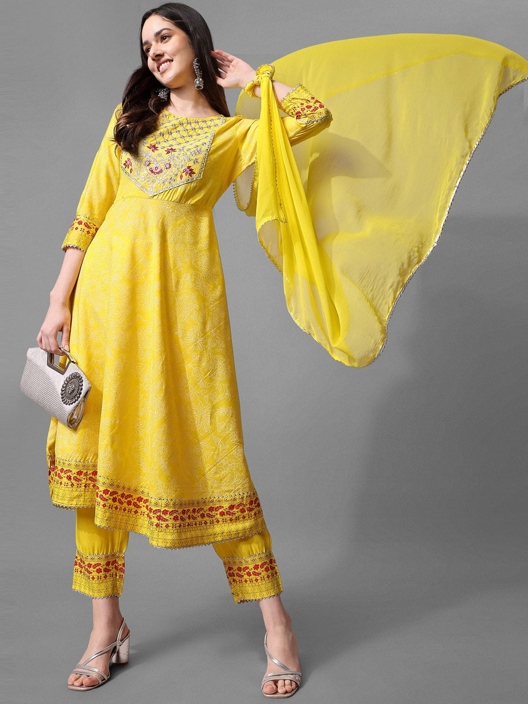 Yellow Round Neck Floral Embroidered Regular Patchwork Kurta & Trousers With Dupatta 