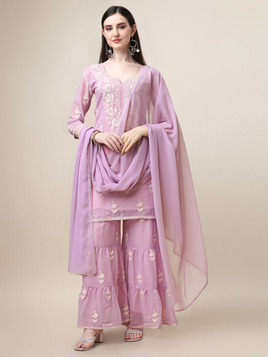 Onion Georgette Floral Embroidered Kurta Set for Women 