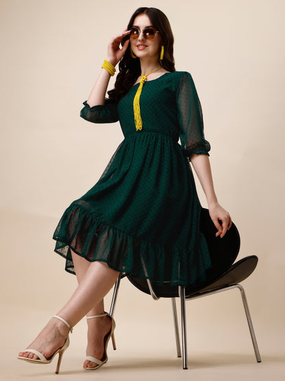 Green Puff Sleeve Georgette Self Design Fit & Flare Dress for Women 