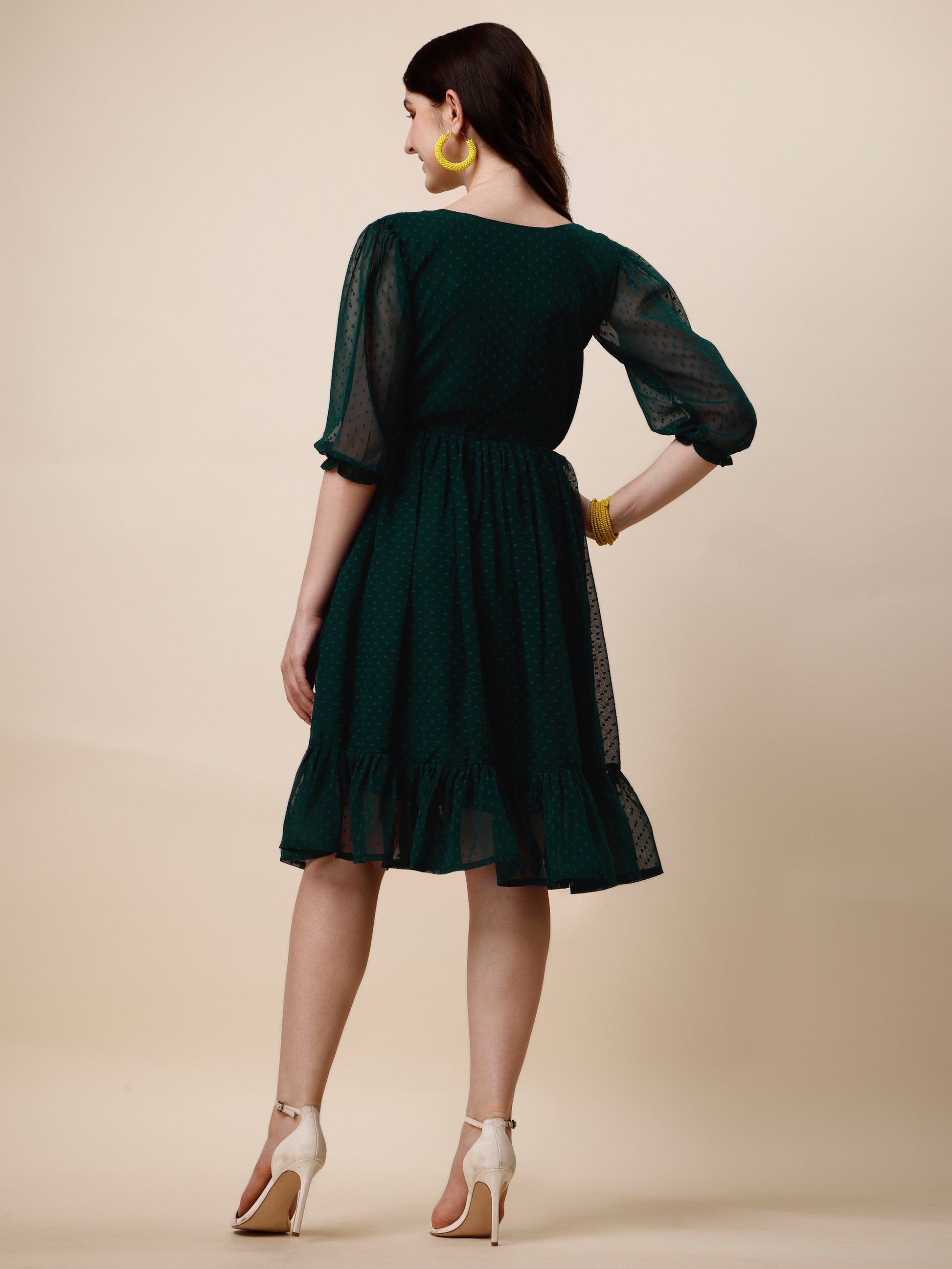 Green Puff Sleeve Georgette Self Design Fit & Flare Dress for Women 