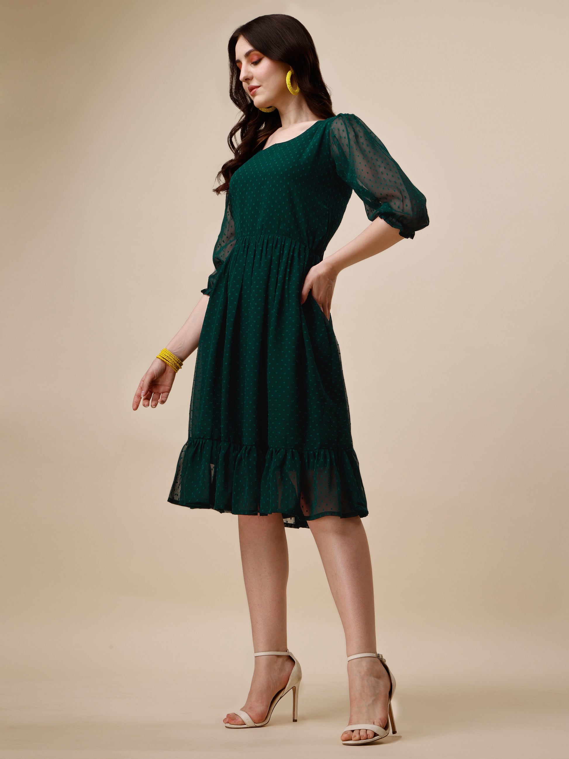 Green Puff Sleeve Georgette Self Design Fit & Flare Dress for Women 