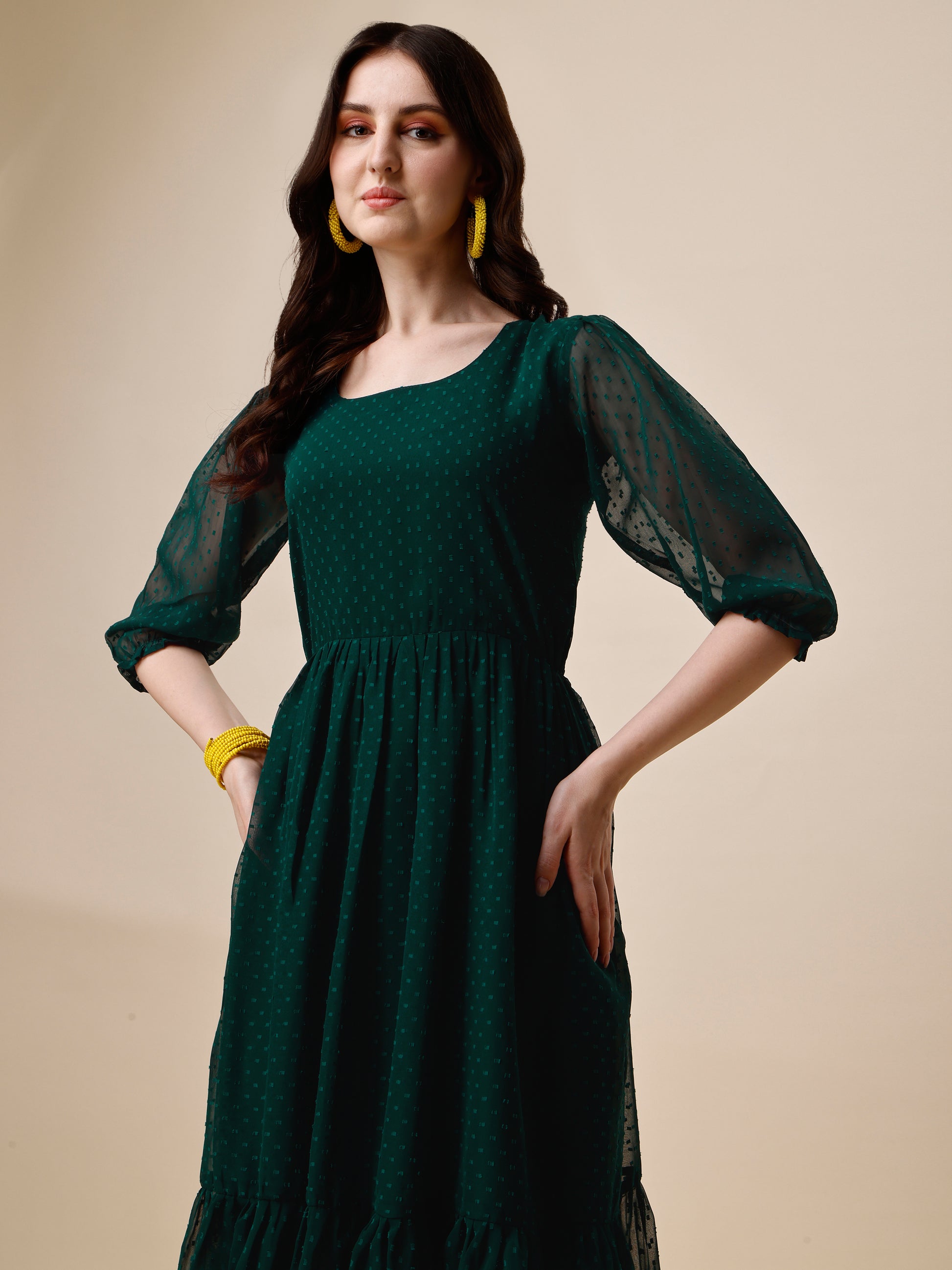 Green Puff Sleeve Georgette Self Design Fit & Flare Dress for Women 