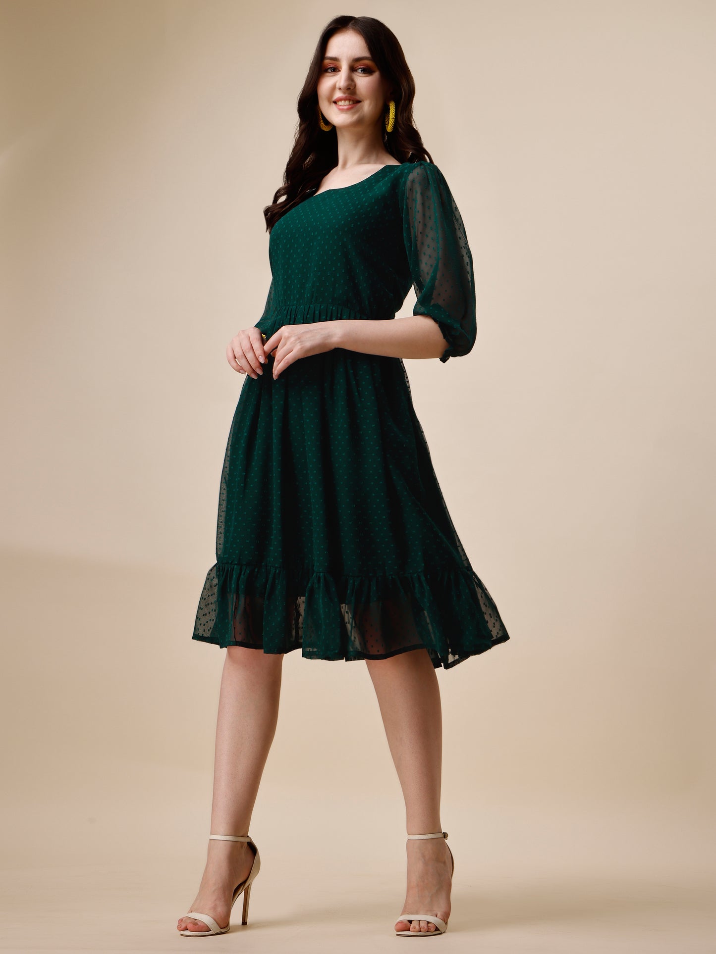 Green Puff Sleeve Georgette Self Design Fit & Flare Dress for Women 