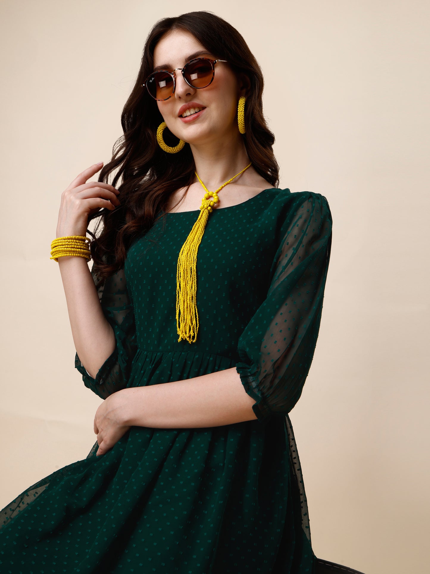 Green Puff Sleeve Georgette Self Design Fit & Flare Dress for Women 