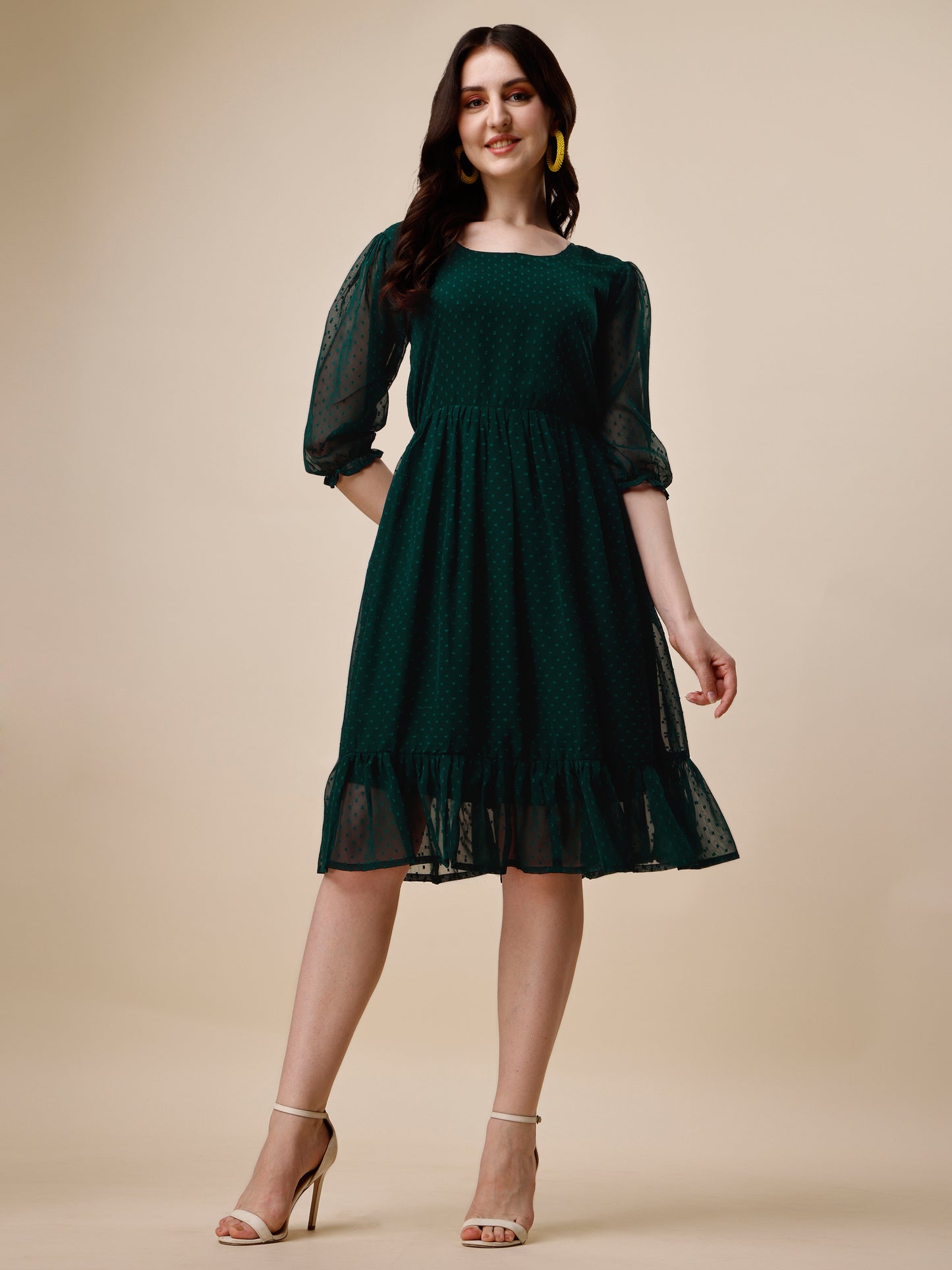 Green Puff Sleeve Georgette Self Design Fit & Flare Dress for Women 