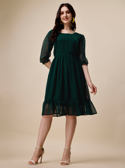 Green Puff Sleeve Georgette Self Design Fit & Flare Dress for Women 