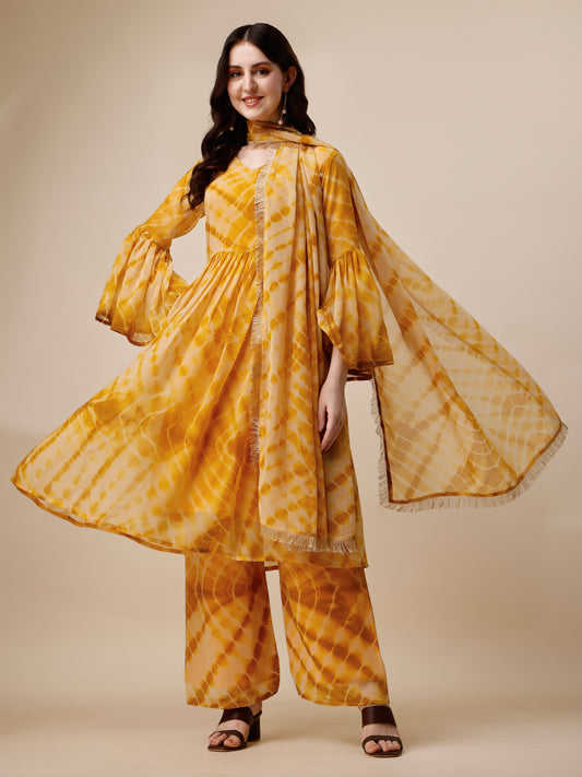 Yellow Georgette Printed Kurta Set for Women 