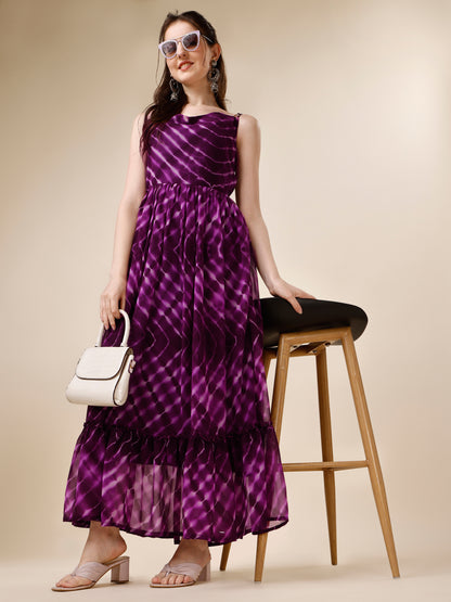 Purple Tie and Dyed Georgette Maxi Dress for Women 