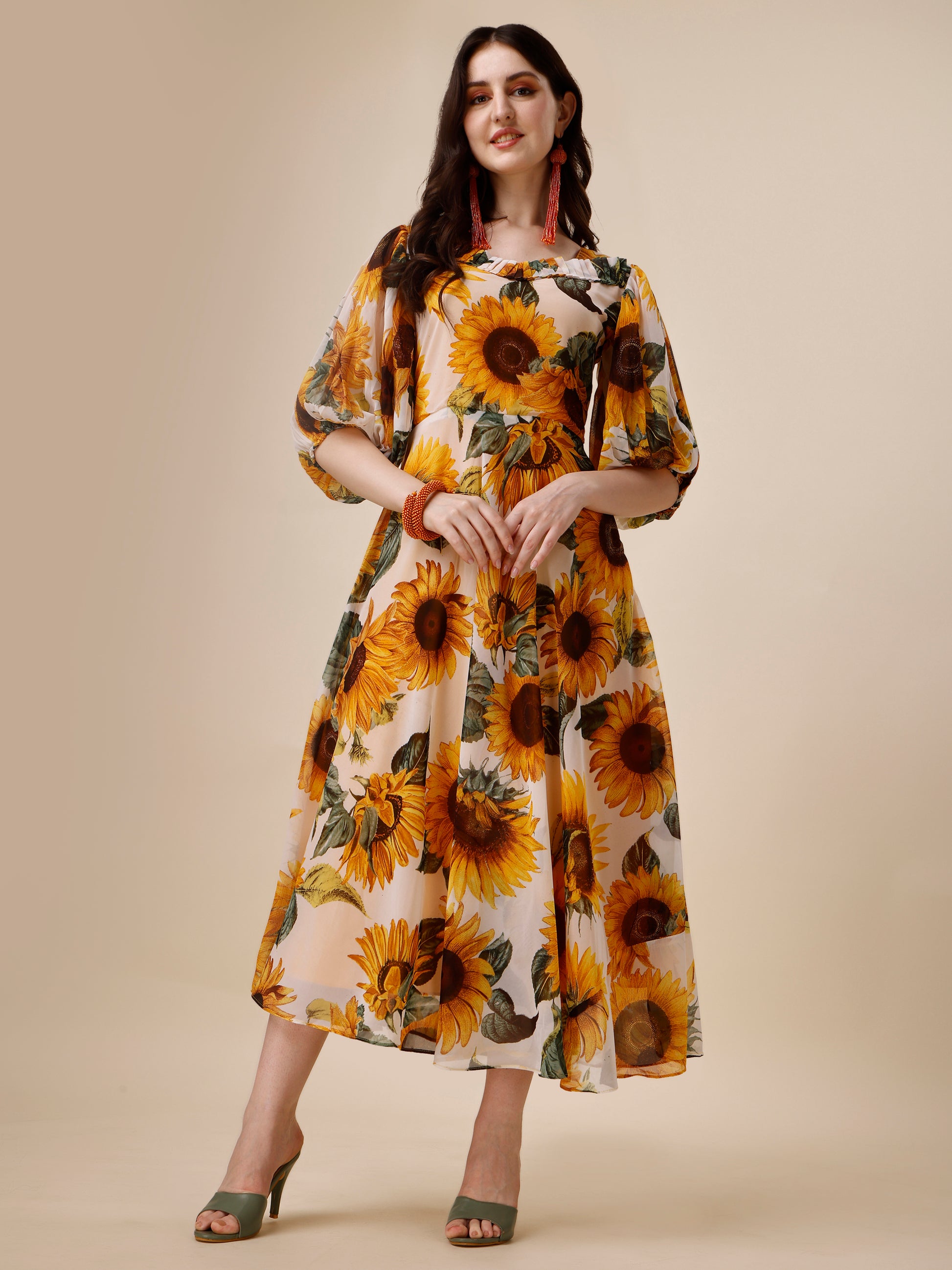 Yellow Floral Print Puff Sleeve Georgette Fit & Flare Midi Dress 