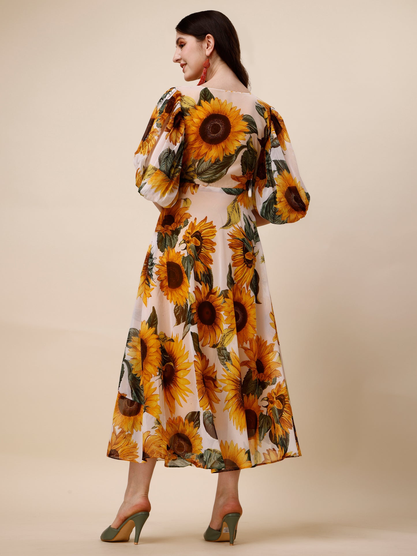 Yellow Floral Print Puff Sleeve Georgette Fit & Flare Midi Dress 