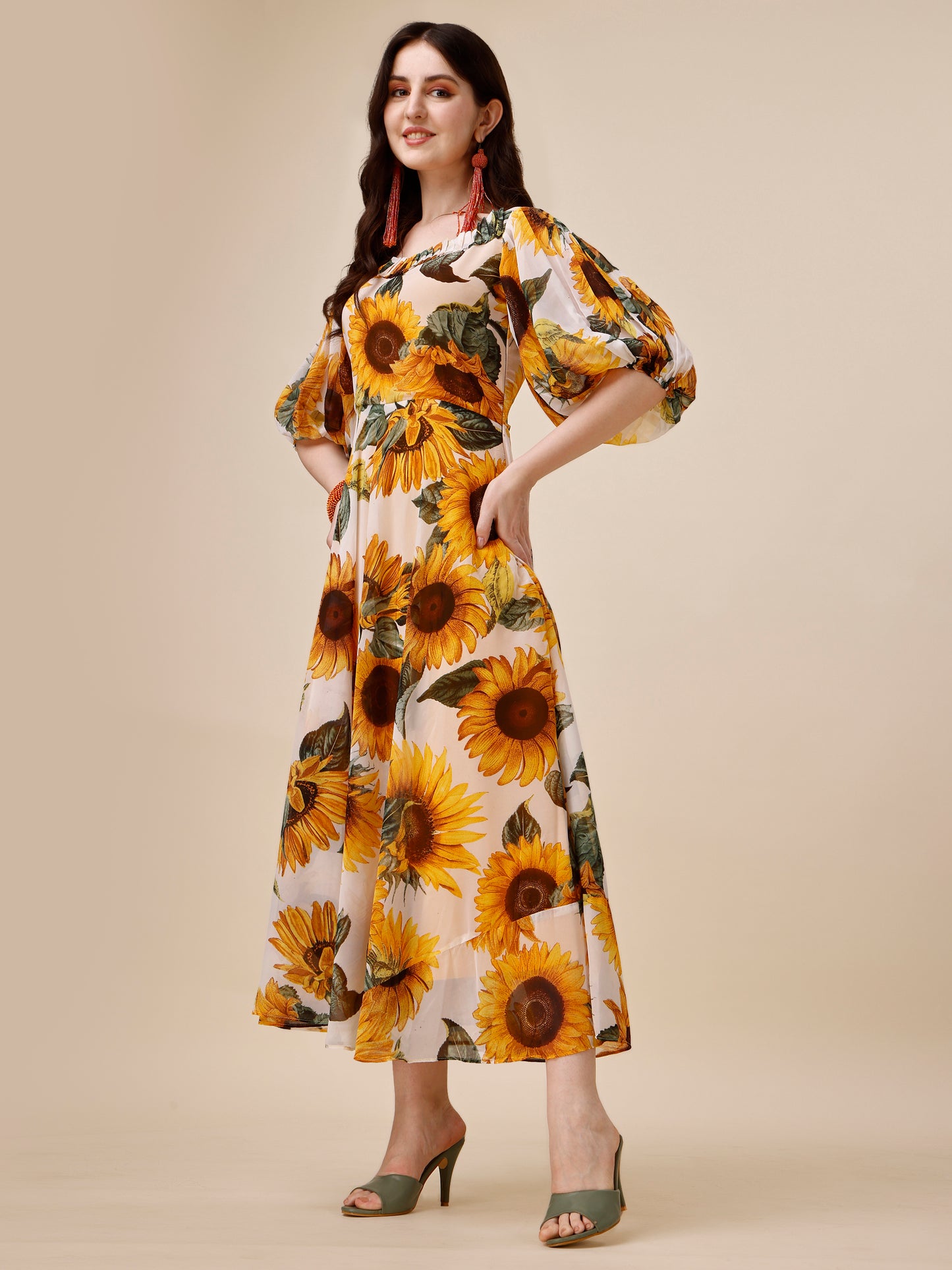 Yellow Floral Print Puff Sleeve Georgette Fit & Flare Midi Dress 