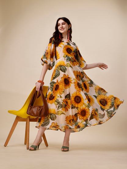 Yellow Floral Print Puff Sleeve Georgette Fit & Flare Midi Dress 