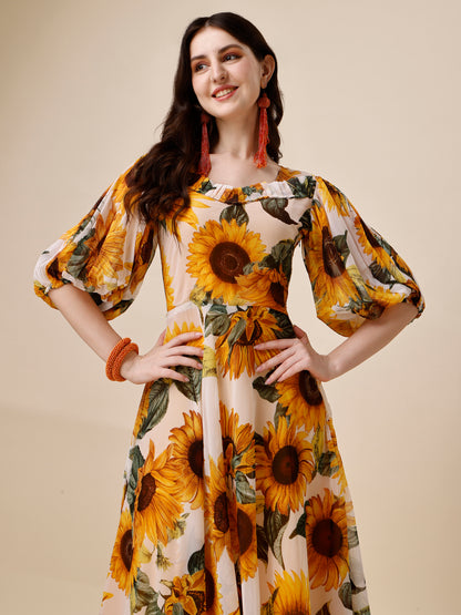 Yellow Floral Print Puff Sleeve Georgette Fit & Flare Midi Dress 