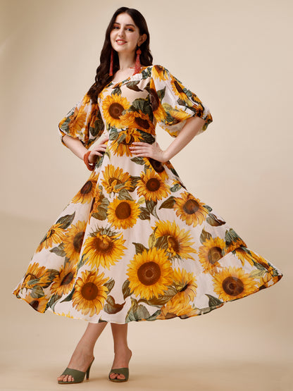 Yellow Floral Print Puff Sleeve Georgette Fit & Flare Midi Dress 