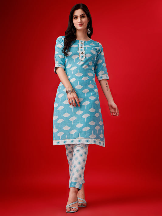 Blue Cotton Floral Printed Gotta Patti Kurta with Trousers 