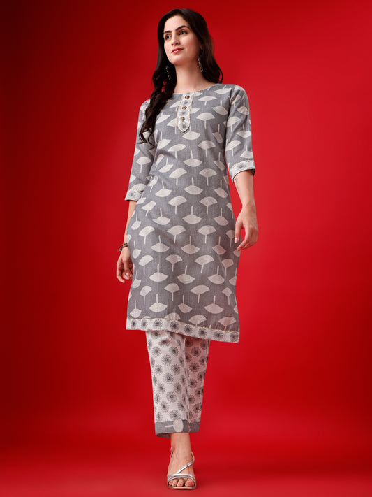 Grey Cotton Floral Printed Gotta Patti Kurta with Trousers 