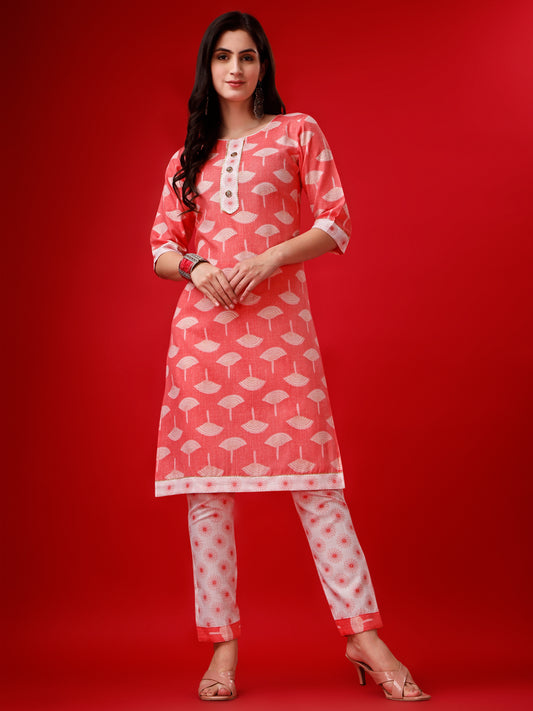 Peach Cotton Floral Printed Gotta Patti Kurta with Trousers 