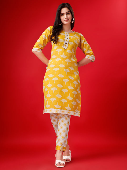 Yellow Cotton Floral Printed Gotta Patti Kurta with Trousers 