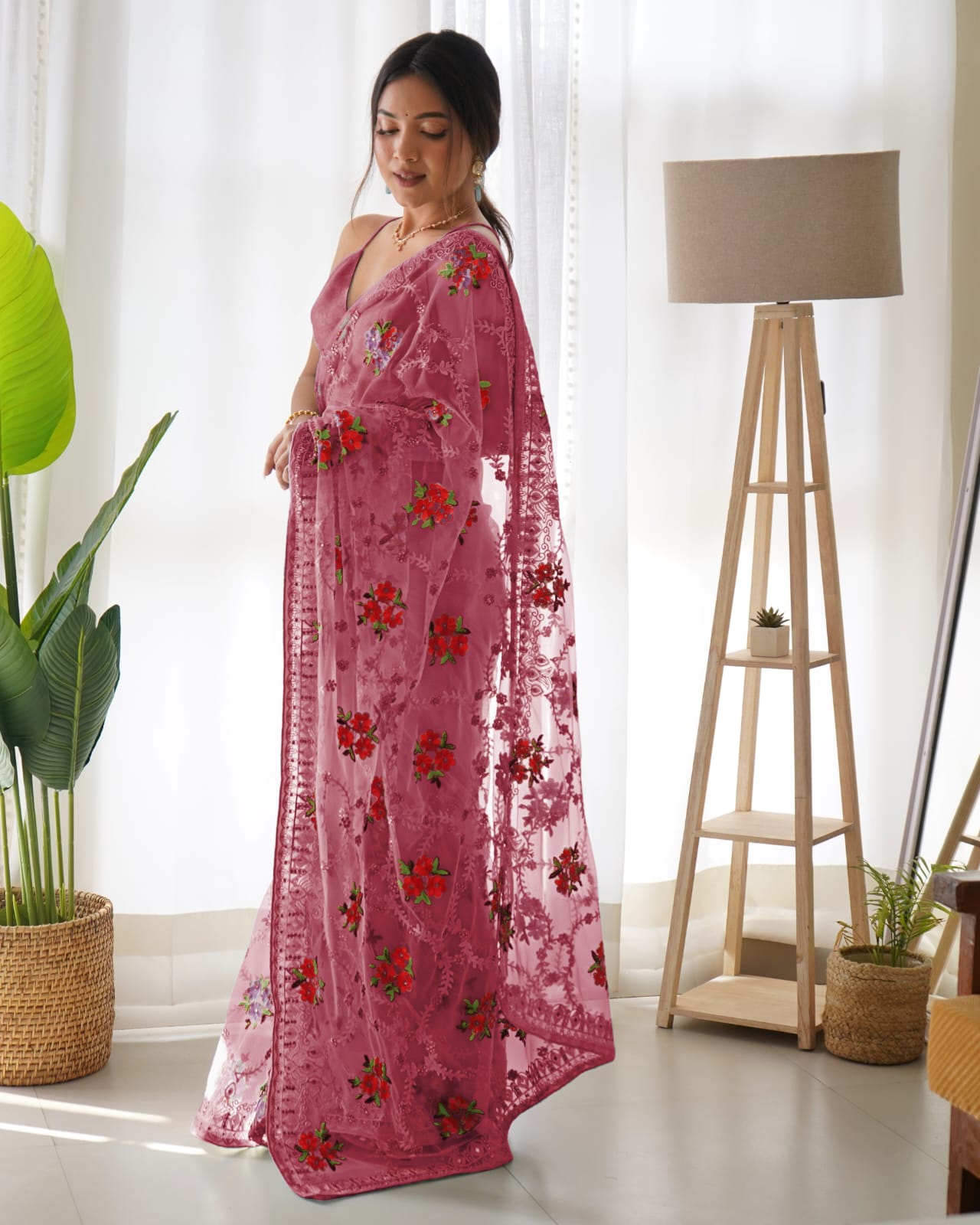 Pink Net Embroidery Saree for Women 